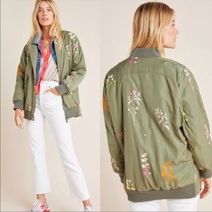 Anthropologie Ainsley Embroidered Bomber Jacket Olive Size Small